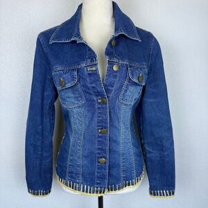 VTG Bamboo Traders Women's‎ Blue Denim Jacket with Crochet Trim and Sleeves Boho